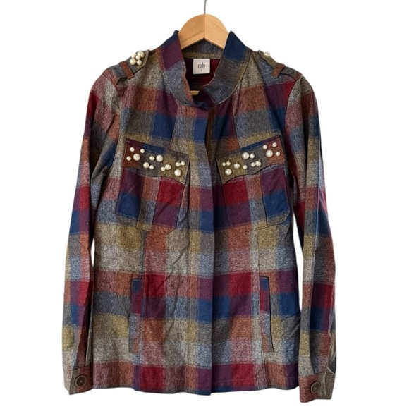 CAbi Multicolor Collage Plaid Utility Zip Up Flannel Jacket Size S Pearl Accents - Picture 9 of 17